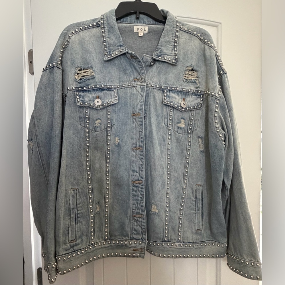 POL Distressed Denim Jacket with Studded Details